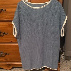 Blue Knit Short Sleeve Top with White Trim